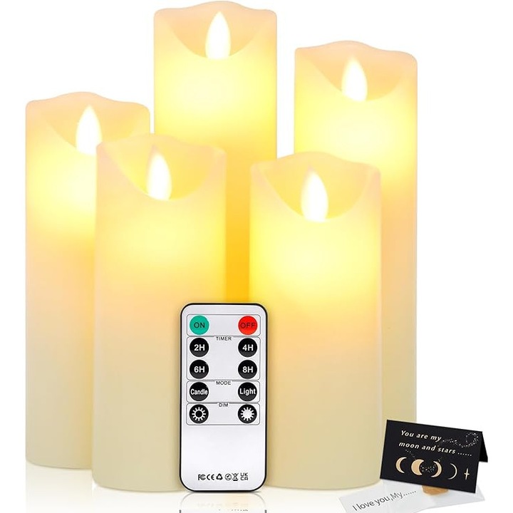 Set de 5 lumanari LED, 7.5x10/12.5/15/17.5/20cm, fara flacara, alimentate cu baterii, cu telecomanda, pentru decoratiuni de Craciun si petreceri