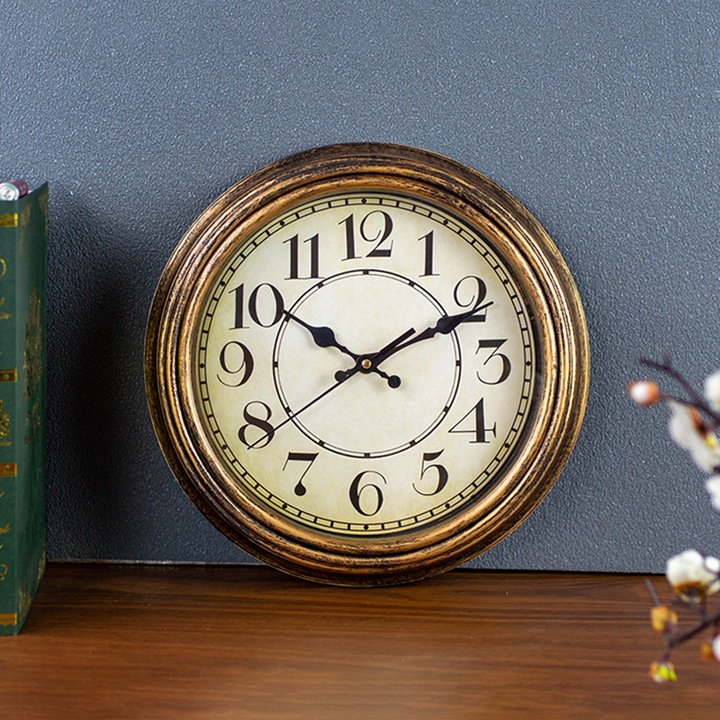 Ceas decorativ de gradina, cu termometru si higrometru, culoare aurie vintage, 30x30cm, rezistent la intemperii