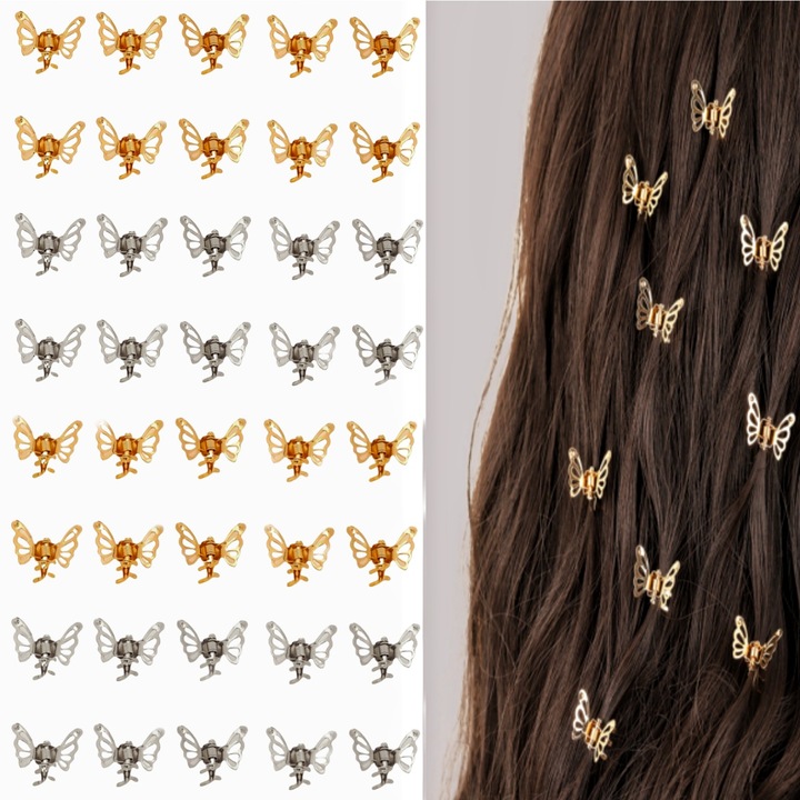 Set de 40 clips de par mini metalici tip fluture, 20 argintii + 20 aurii, design elegant, prindere puternica