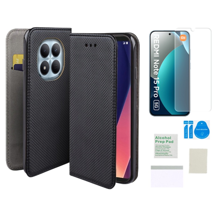 Etui cu clapeta pentru Samsung Galaxy A12 M12, negru, cu folie hidrogel inclusa, material din piele ecologica