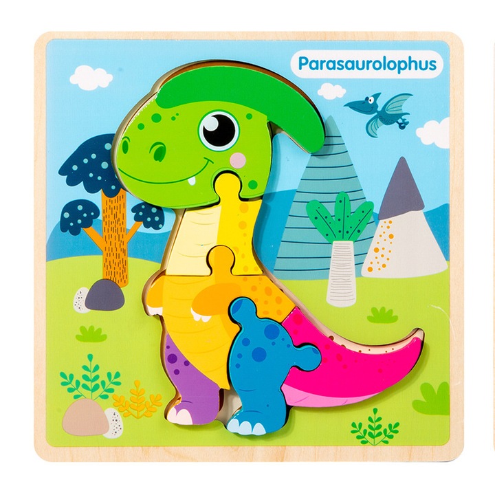 Puzzle 3D din lemn, recunoasterea animalelor, coordonare mana-ochi, pentru copii 2-5 ani