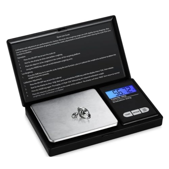 Cantar electronic de bucatarie, mini, design compact, pana din otel inoxidabil, afisaj iluminat, 0.01g-500g