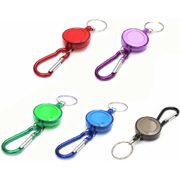 Set 5 brelocuri retractabile cu clips pentru curea, carabiniere rezistente, multicolor