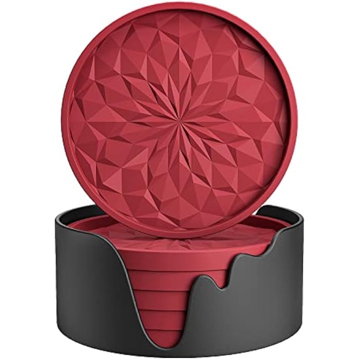 Set de 6 suporturi pentru bauturi din silicon, gros, non-alunecare, bordeaux, 10cm