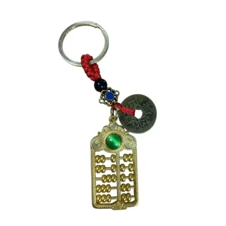 Breloc amuletă Feng Shui GOBI, abac decorativ și monede I-Ching, auriu cu accente verzi și roșii, dimensiune compactă
