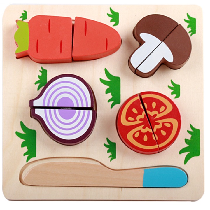 Jucarie de taiat din lemn pentru copii, set cu fructe, legume, prajituri si carne, 3 ani+