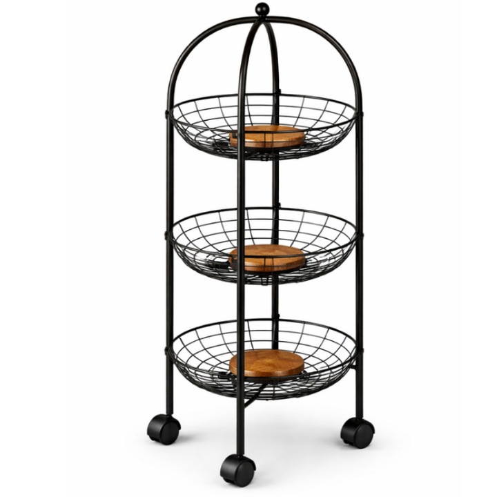 Cos de depozitare, 3 etajere, metalic cu accente din lemn, 77x30cm, pentru fructe si legume
