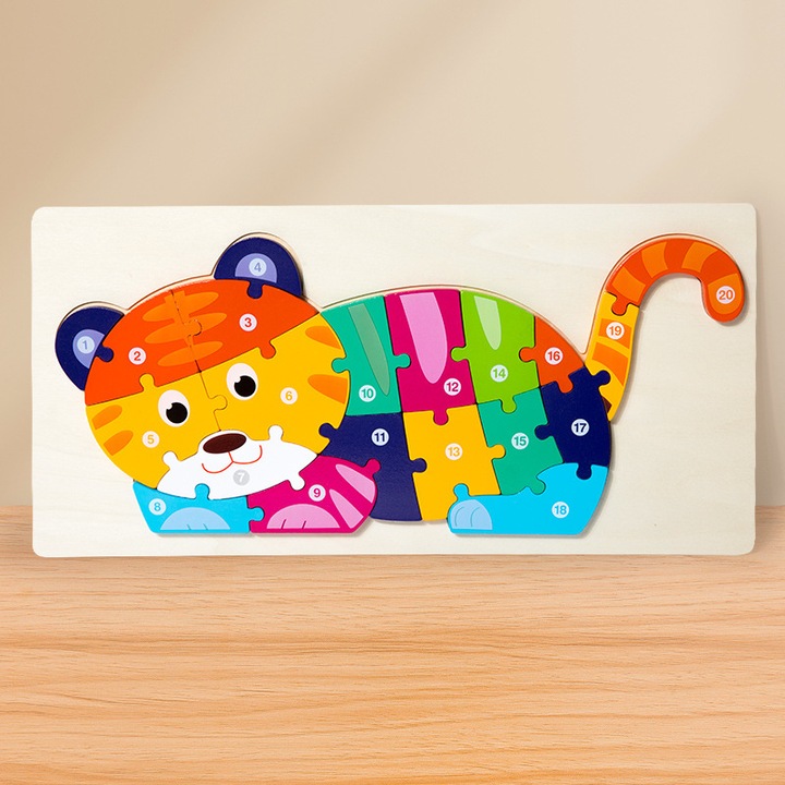 Puzzle 3D mare pentru copii, recunoasterea animalelor si numerelor, lemn, 1-3 ani, set multicolor