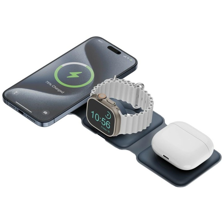 Incarcator Wireless 3 in 1 Energea Bazic GoMag Trio Plus cu MagSafe, Pliabil, Incarcare Wireless 15W, Alimentare USB-C, Navy Blue