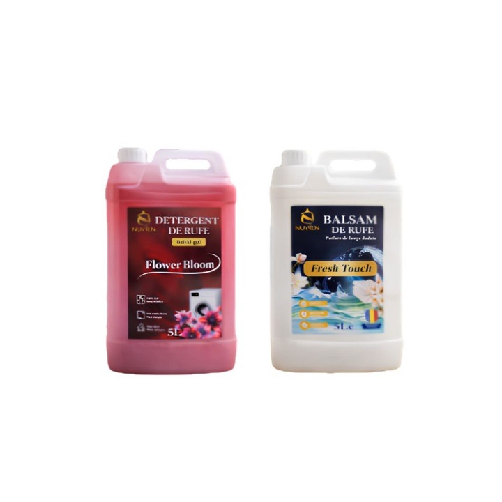Set detergent lichid + balsam rufe Nuvien 5L + 5L, florale, cu bicarbonat, 100 spalari