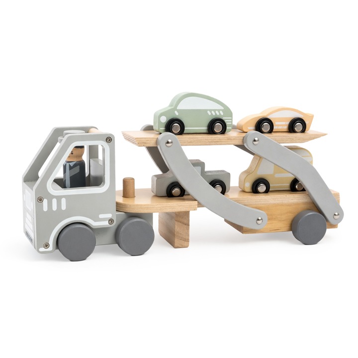 Camion transport auto din lemn Mamabrum cu platforma si masinute, camion cu rampa, jucarie 18m+