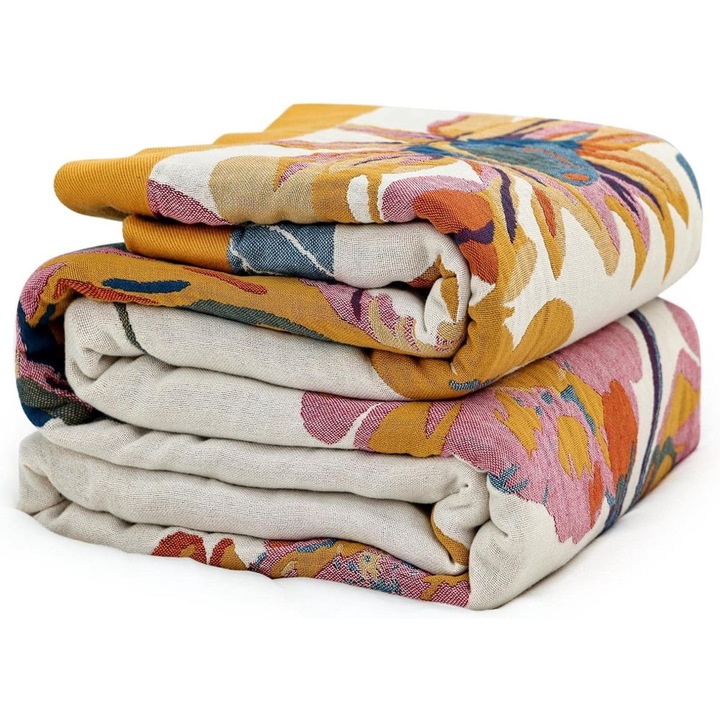 Patura tricotata din bumbac, 150x200cm, stil boho, multicolor