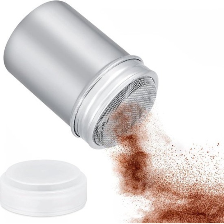 Sita din inox pentru zahar si cacao cu capac, design cu plasa fina, 304, usor de utilizat