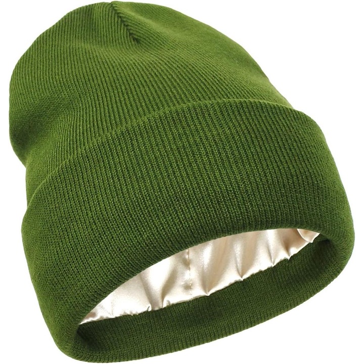 Caciula tricotata pentru femei, verde iarba, cu captuseala din satin