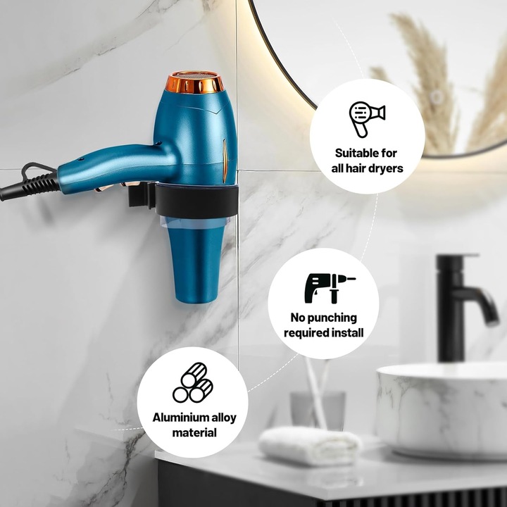 Suport pentru uscator de par, montare pe perete, material aluminiu mat, rezistent la caldura, negru