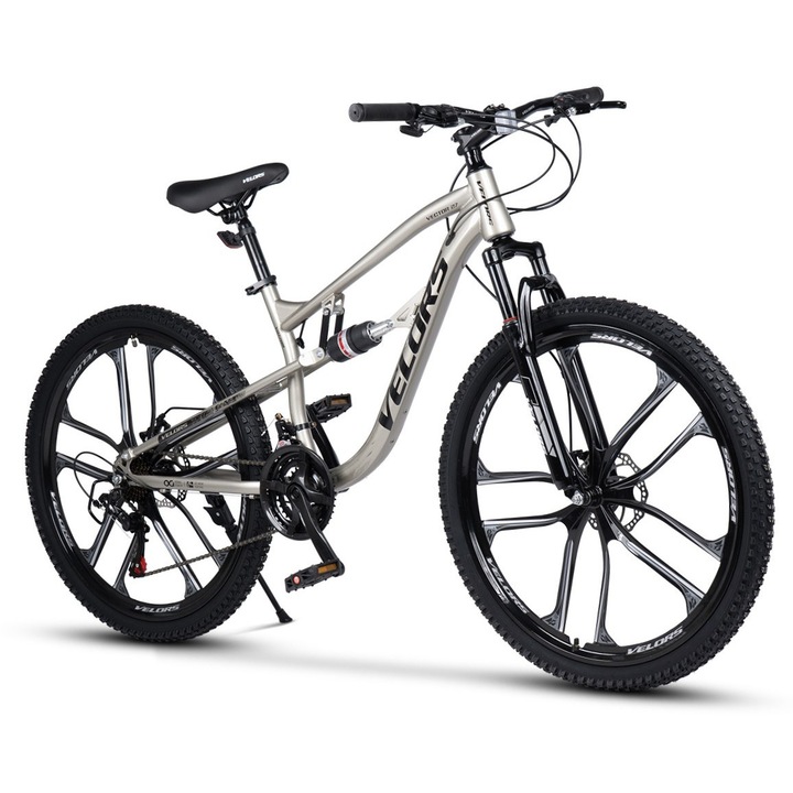 Bicicleta Mtb de munte Velors Vector JSX2770, cadru cu cabluri integrate, echipare Shimano, suspensie fata, roata 27.5 inch din magneziu, frana disc fata/spate, 21 viteze, argintiu/negru