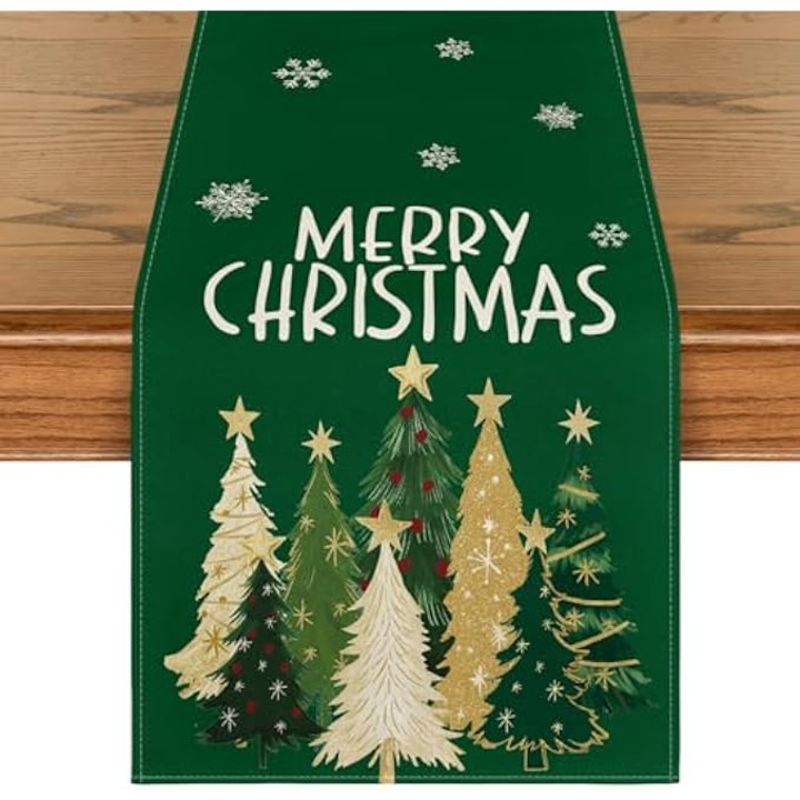 Fete de masa, model cu copaci verzi si fulgi de zapada, 33x183cm, multicolor, set pentru decorare masa de Craciun