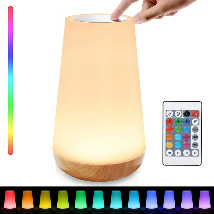 Veioza LED cu functie de schimbare a culorii, 13 culori, dimabila, 9.3x15cm, control tactil, acumulator 1500mAh