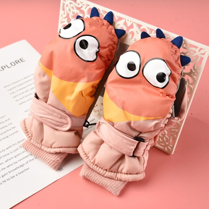 Manusi copii, impermeabile, calduroase, roz, set 5-10 ani, design cartoon, 21x21cm