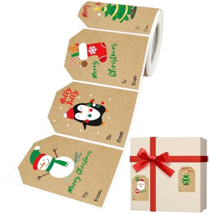 Etichete autoadezive de Craciun, 250 bucati, design festiv, pentru ambalare cadouri, felicitari, set