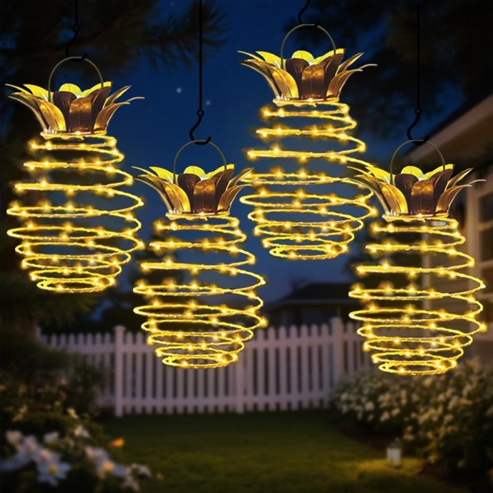 Lampa solara suspendata ananas, 30 LED-uri, design elegant, impermeabil, set de 4 bucati