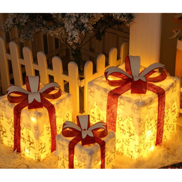 Set cutii cadou decorative Craciun cu luminite, 12-18-87 LED-uri, 25.5x20.5x15.15cm, culori variate