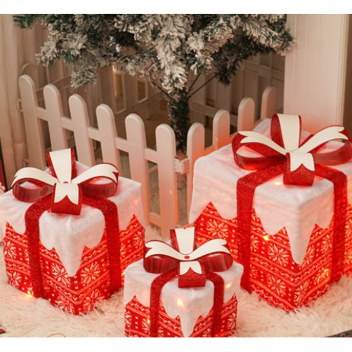 Set cutii cadou decorative Craciun cu luminite si ornamente festive, 12-18-93 LED-uri, 25.5x20.5x15.15cm, multicolor