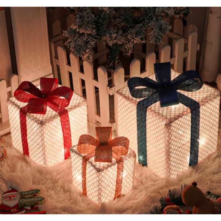 Set cutii cadou decorative Craciun cu luminite, 12-18-81 LED-uri, 25.5x20.5x15.15cm, culori variate