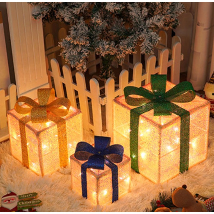 Set cutii cadou decorative Craciun cu luminite, 12-18-67 LED-uri, 25.5x20.5x15.15cm, culori variate