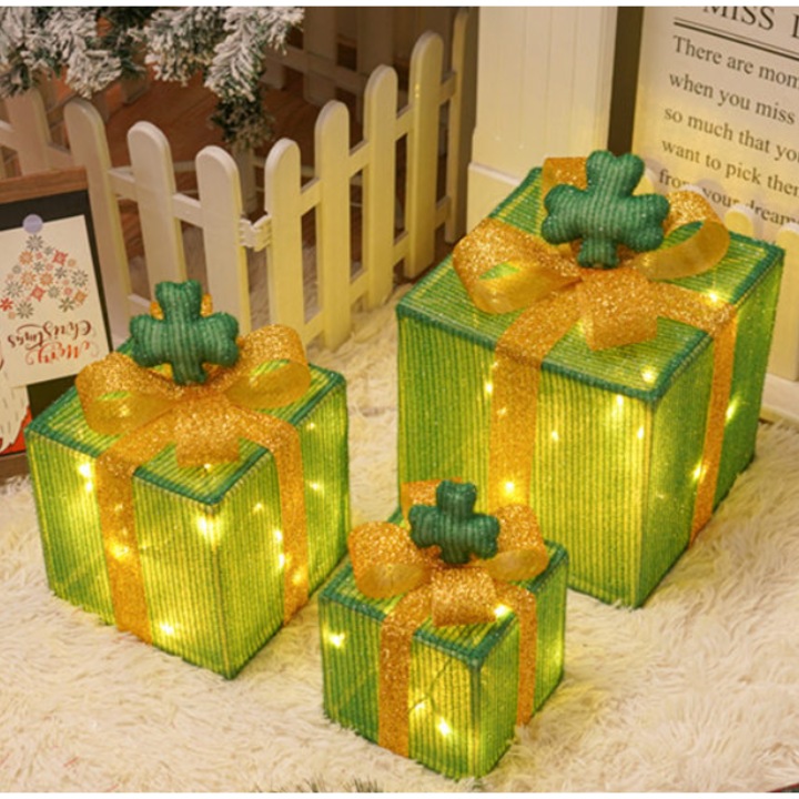 Set cutii cadou decorative Craciun cu luminite LED, 12-52 LED-uri, 25.5x20.5x15.15cm, culori calde