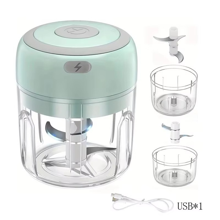 Tocator electric mini, 250ml + 100ml, 2 cupe, verde, pentru tocarea usturoiului, piure de fructe, ceapa, ghimbir