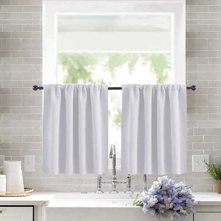 Perdele scurte blackout, set 2 bucati, 92x76cm, alb, pentru ferestre mici, ideale pentru bucatarii, bai, cafenele