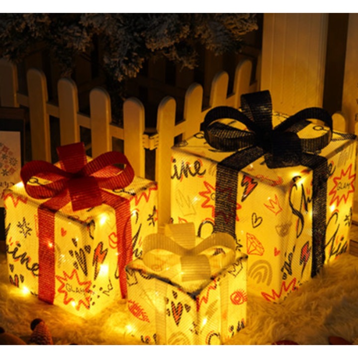 Set cutii cadou decorative Craciun cu luminite, 12-18-55 LED-uri, 25.5x20.5x15.15cm, alb cald si alb solid