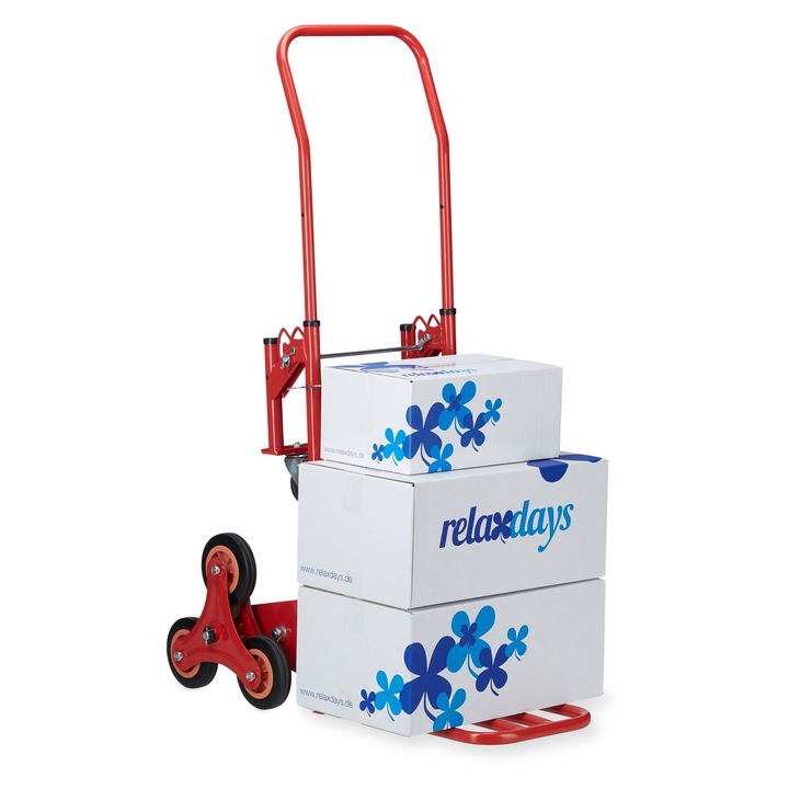 Carucior pentru transport marfa cu roti Relaxdays, Pliabil, Capacitate maxima incarcare 150 kg, Pentru scari, Maner reglabil, Otel, Rosu