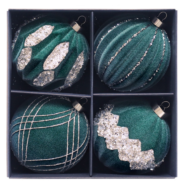 Set globuri de Craciun cu strasuri, 4 bucati, verde inchis, 4 inch