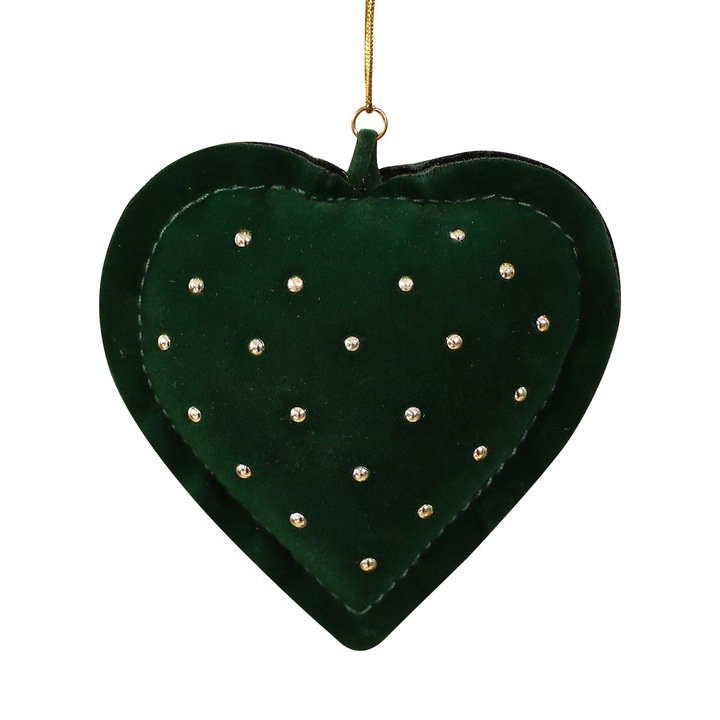 Set de ornamente Craciun din catifea in forma de inima cu fundita, verde inchis, decorat cu strasuri rosii si verzi