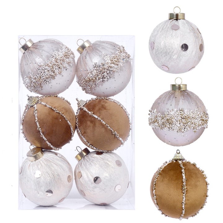 Set globuri de Craciun din spuma acoperita cu tesatura, 80mm, 6 culori