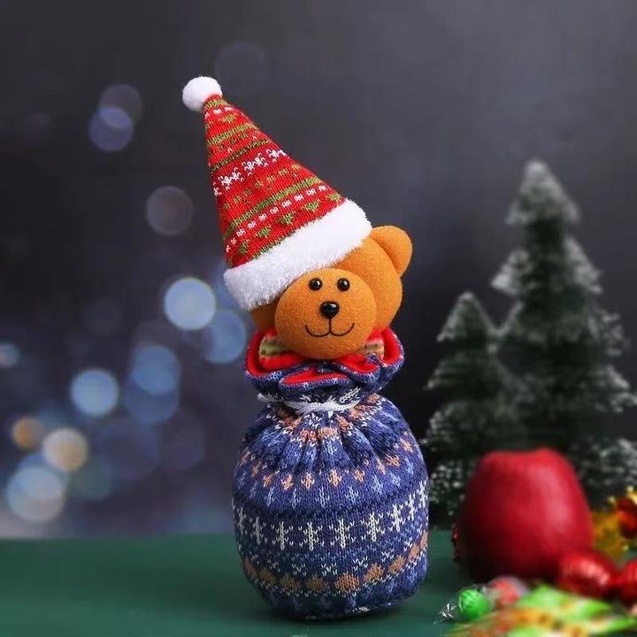 Set 2 pungi cadou de Craciun pentru copii, pungi de bomboane, pungi din lana tricotata cu snur, stil 3