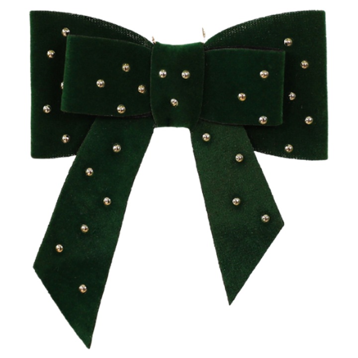 Set 2 piese ornamente inima catifea Craciun, fundita verde inchis, strasuri rosii si verzi