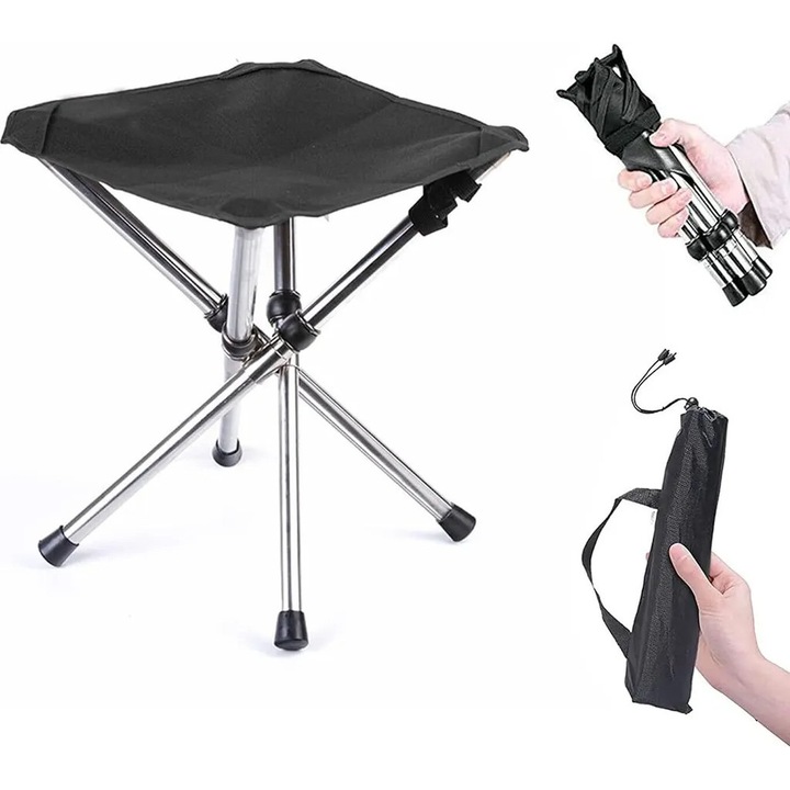 Scaun pliabil camping, 28x31 cm, negru, set cu geanta de depozitare