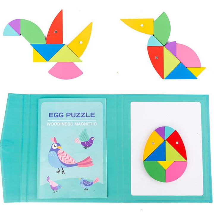 Tangram magnetic, joc educativ, 9 piese colorate, interactiune parinte-copil, 30x30cm