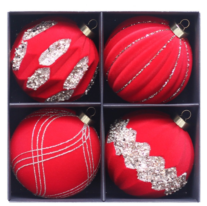 Set globuri de Craciun cu strasuri, 4 bucati, rosu, 10x10cm