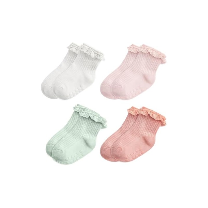 Set de 4 perechi de sosete cu volane pentru fete, din bumbac moale, design antiderapant, 1-3 ani, multicolor