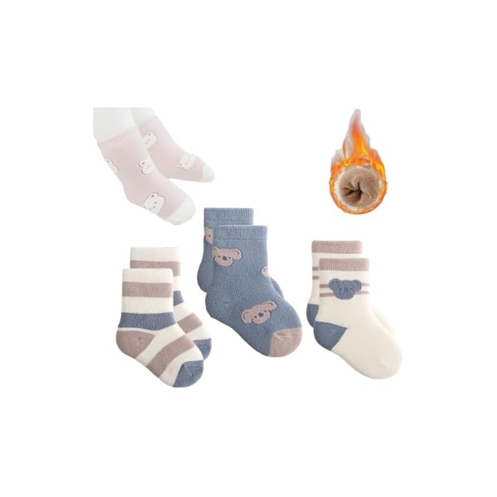 Set de 3 perechi sosete din bumbac pentru bebelusi, model cu animale, calduroase, multicolor, pentru 1-3 ani