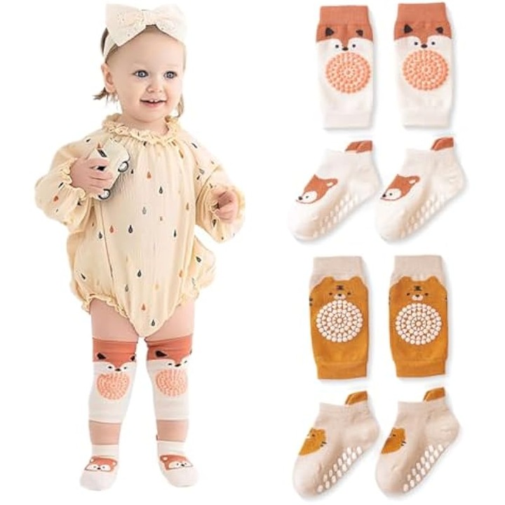 Set 2 perechi genunchiere pentru bebelusi si 2 perechi sosete antiderapante, modele cu animale, bumbac, 0-12 luni