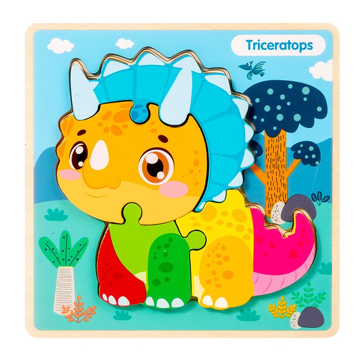 Puzzle 3D din lemn, set 12, recunoasterea animalelor, coordonare mana-ochi, pentru copii 2-5 ani