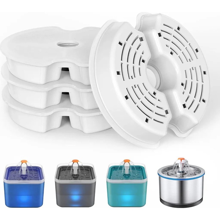 Filtre de inlocuire pentru fantani de apa pentru pisici si caini, set de 4, cu rasina si carbon activ.