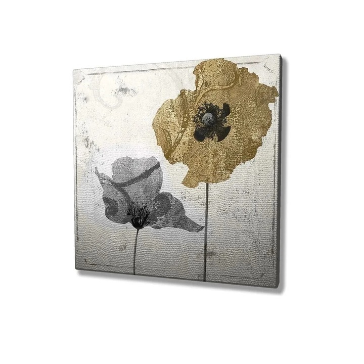 Tablou decorativ Re-Bloom, model floral, lemn/panza, argintiu/gri/auriu, 70 x 70 cm
