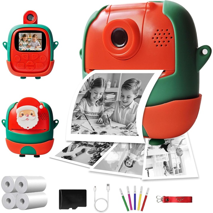 Camera instantanee pentru copii, 180° rotativa, 6x zoom digital, 2 inch, 5 designuri puzzle, rosie