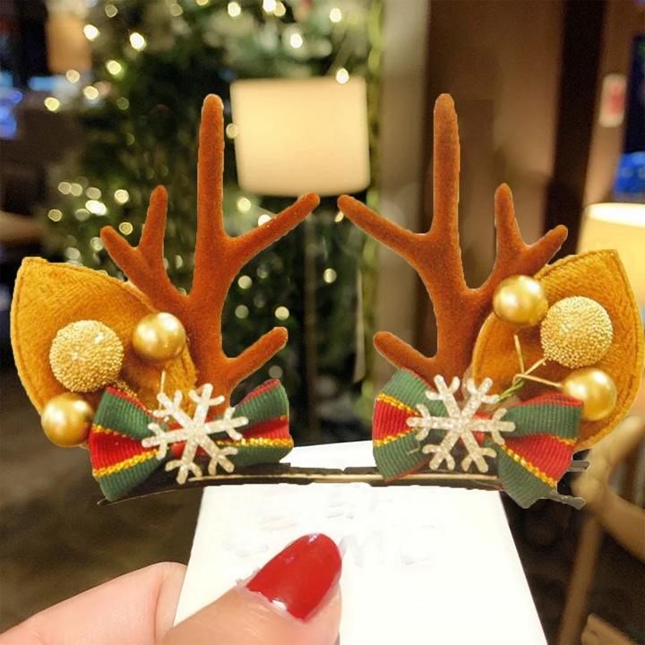 Set de accesorii de Craciun, bentita cu coarne de ren si palarie de Mos Craciun, rosu si maro, 10.5x7.0cm - 11.0x8.5cm